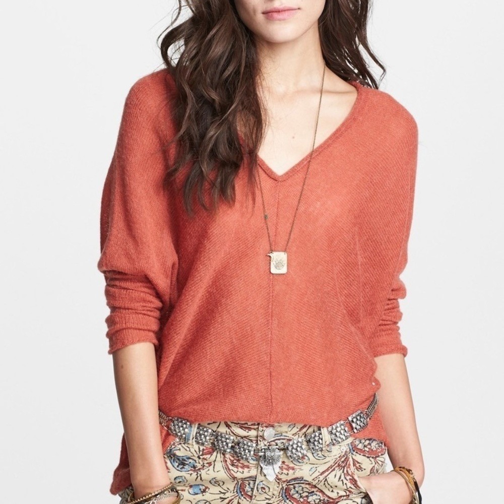 FREE PEOPLE Sadie V Neck Sweater Pullover Wool Alpaca Ruching Sunset Red Small